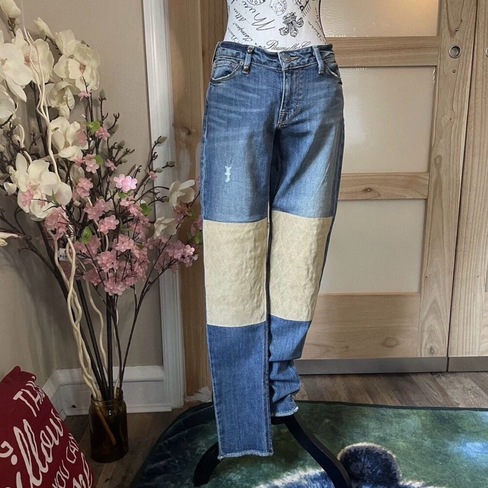 Artisan De Luxe Suede Patch Knee Jeans sz 27 Dark‎ Blue Medium Wash